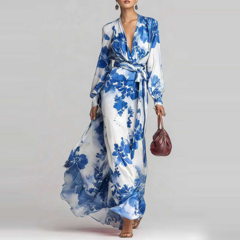 Elegant Floral Print Chiffon Long Sleeve V-Neck Tie-Waist Dress