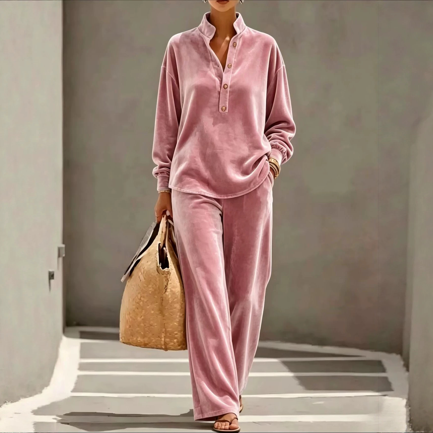 Women's Long Sleeve Button Two-Piece Pants Set Casual Solid Color