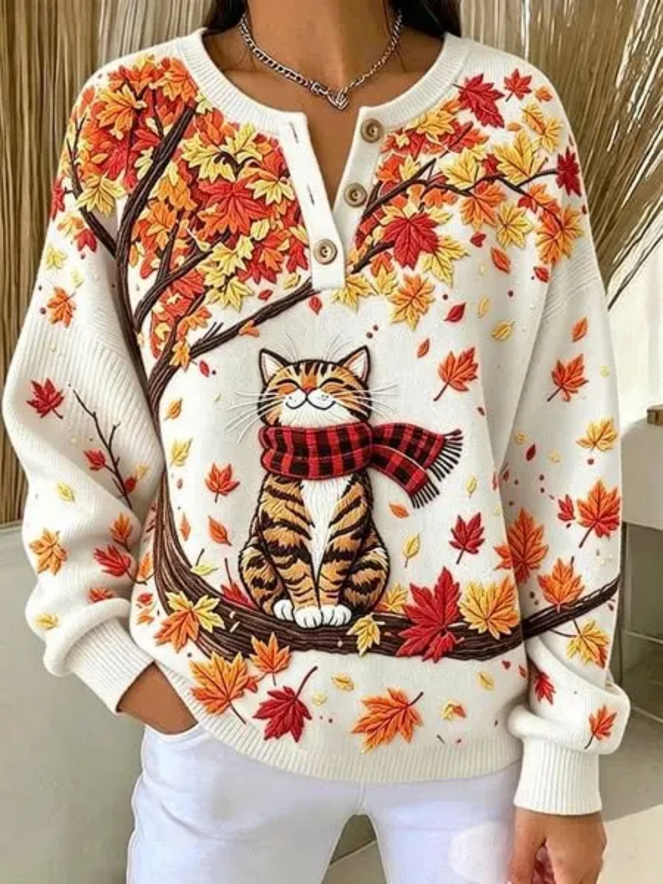 Women's Cute Cat & Maple Leaf Print Button Sweatshirt