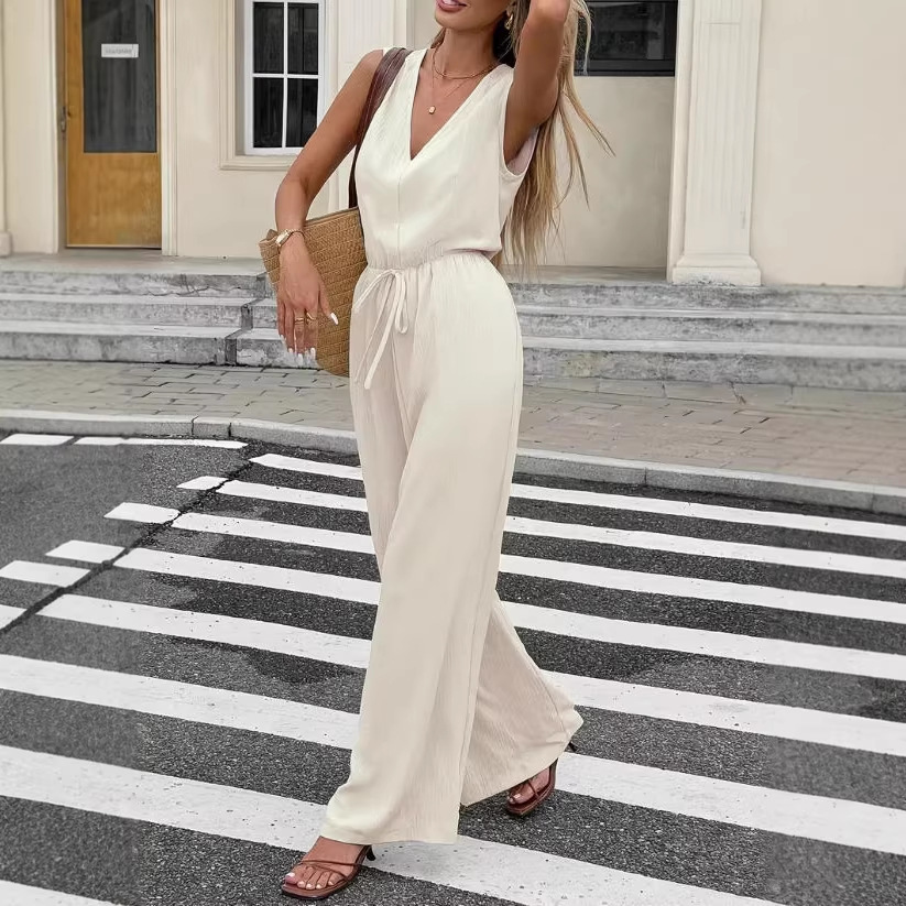 Women's V-Neck Sleeveless Tie-Waist Long Pants Casual Set