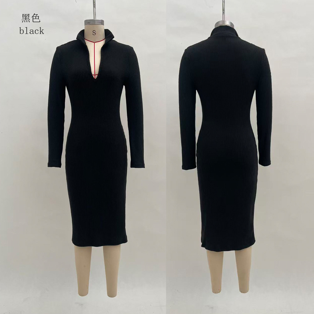 French-Style High-Neck Long-Sleeve Bodycon Dress with Waist Detail