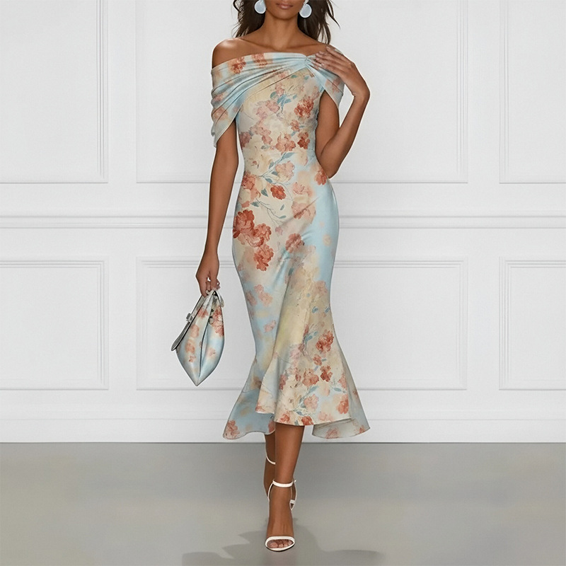 Off-Shoulder Waist-Cinched Floral Mermaid Dress