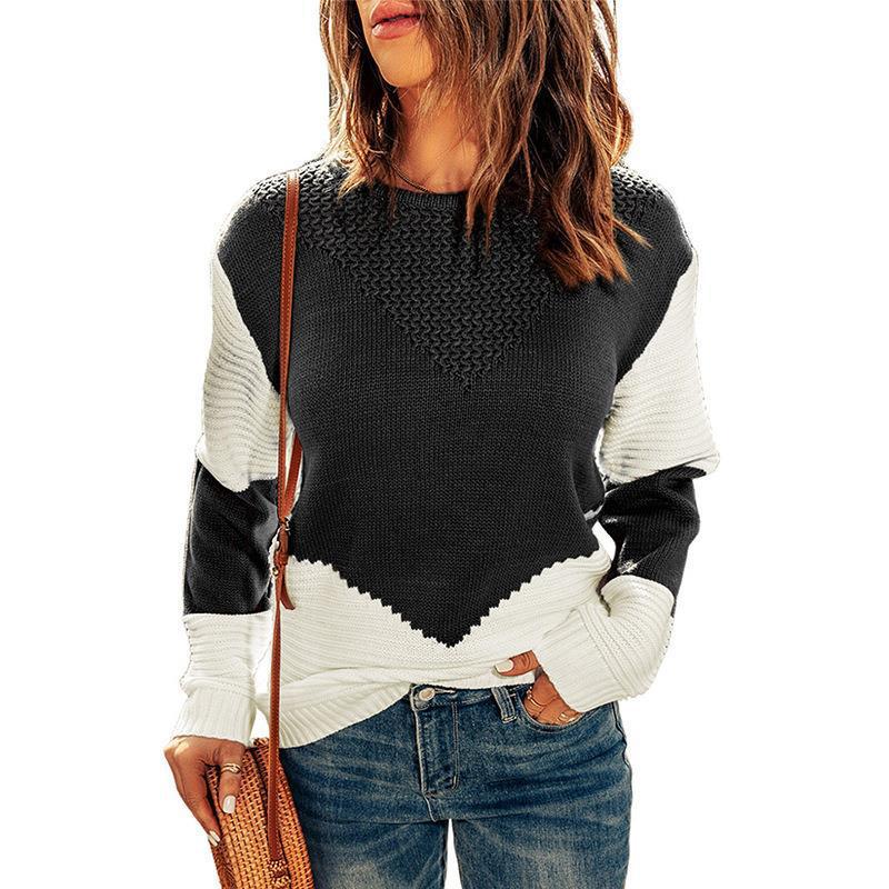 Women's Color-Block Crewneck Knit Sweater Long-Sleeve Pullover