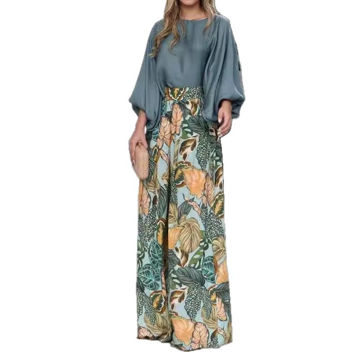Women's Summer Two-Piece Set with Lantern Sleeve Top and Printed Wide-Leg Pants