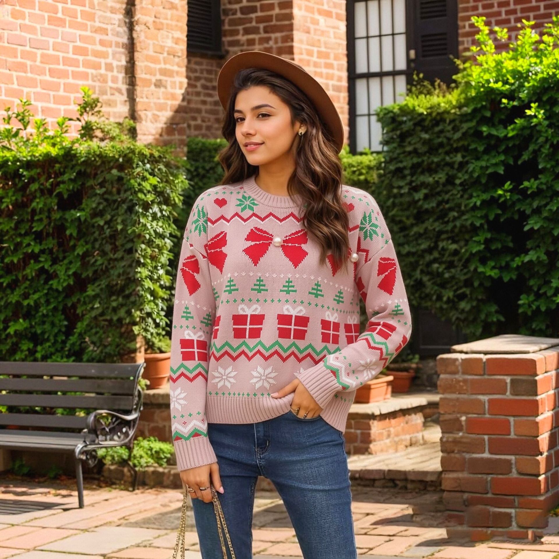 Pink Sweet Knit Pullover Sweater with Pearl Bow Christmas Jacquard