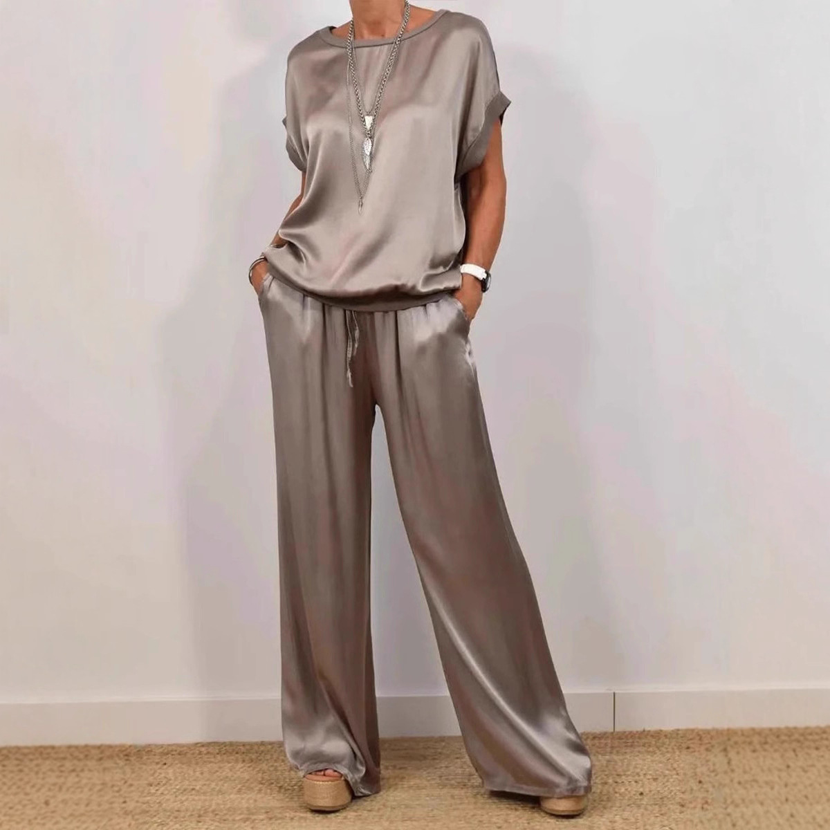 Relaxed-Fit Shirt and Wide-Leg Pants Casual Set