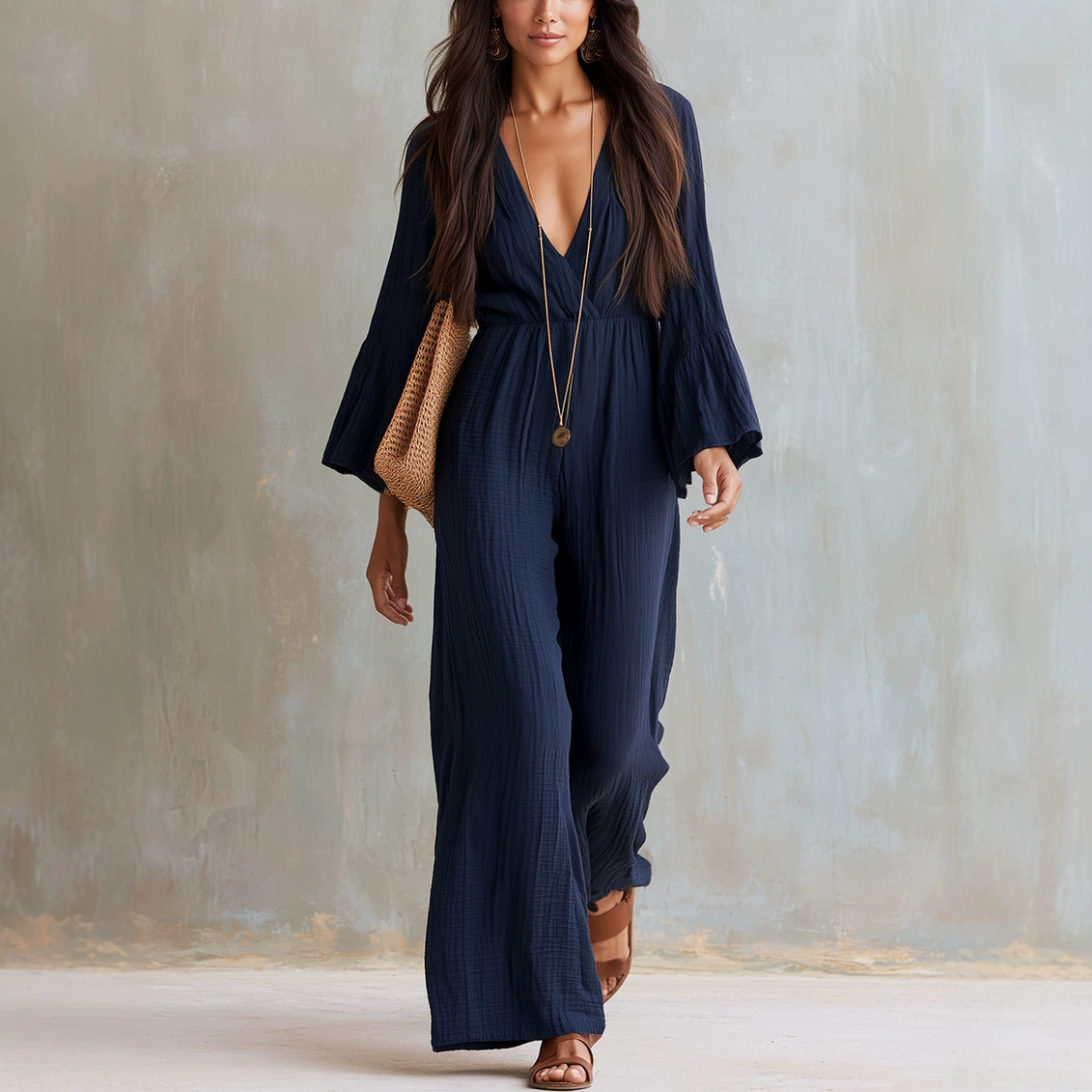 Women's Long Sleeve V-Neck Boho Wide Leg Jumpsuit