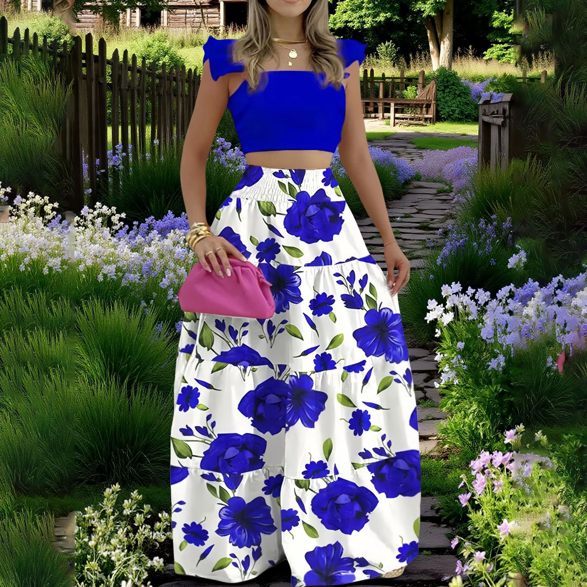 Women's Solid Color Cami Top and Flared Skirt Set