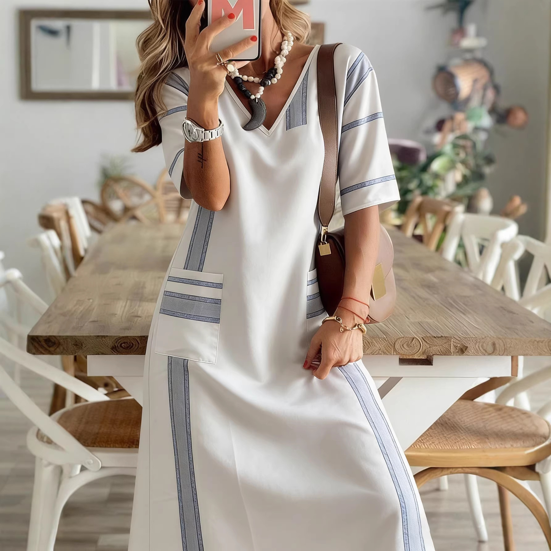 Boho A-Line Striped Midi Shirt Dress V-Neck 3/4 Sleeve Loose Fit