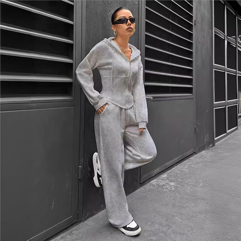 Women's Hooded Zip-Up Sweatshirt and Wide-Leg Pants Two-Piece Set