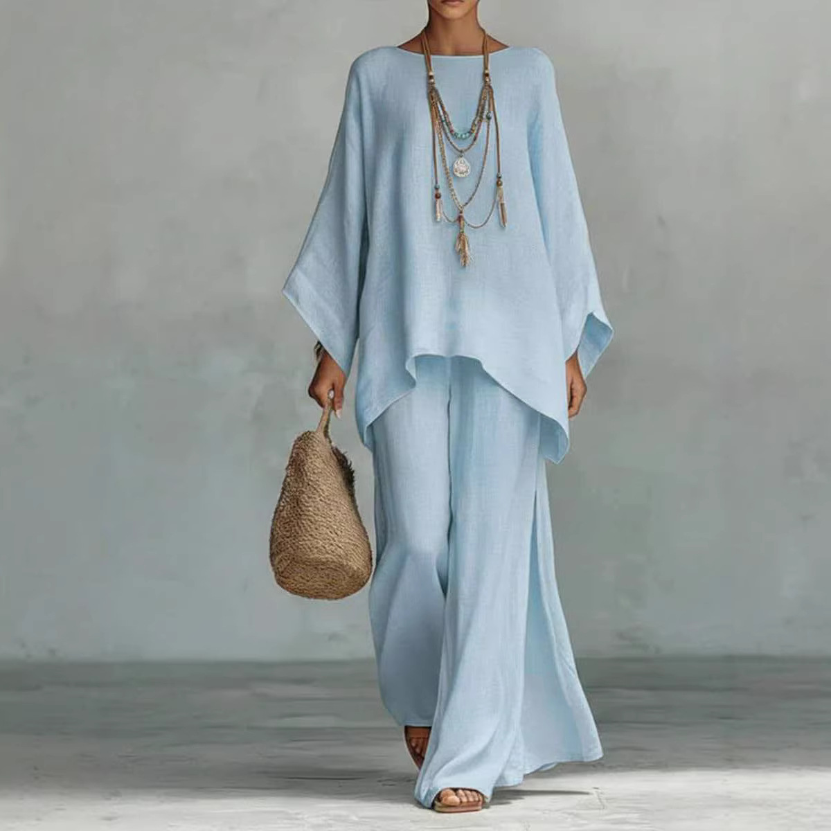 Women's Linen-Blend Shirt & Wide-Leg Pants Set