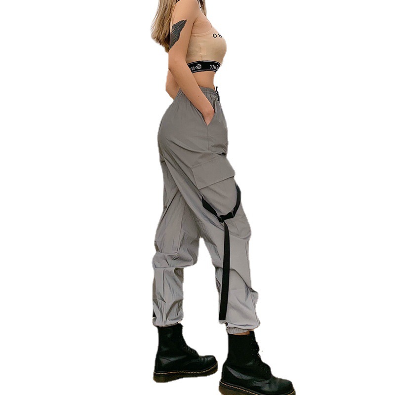 Women's High-Waist Reflective Cargo Pants with Drawstring
