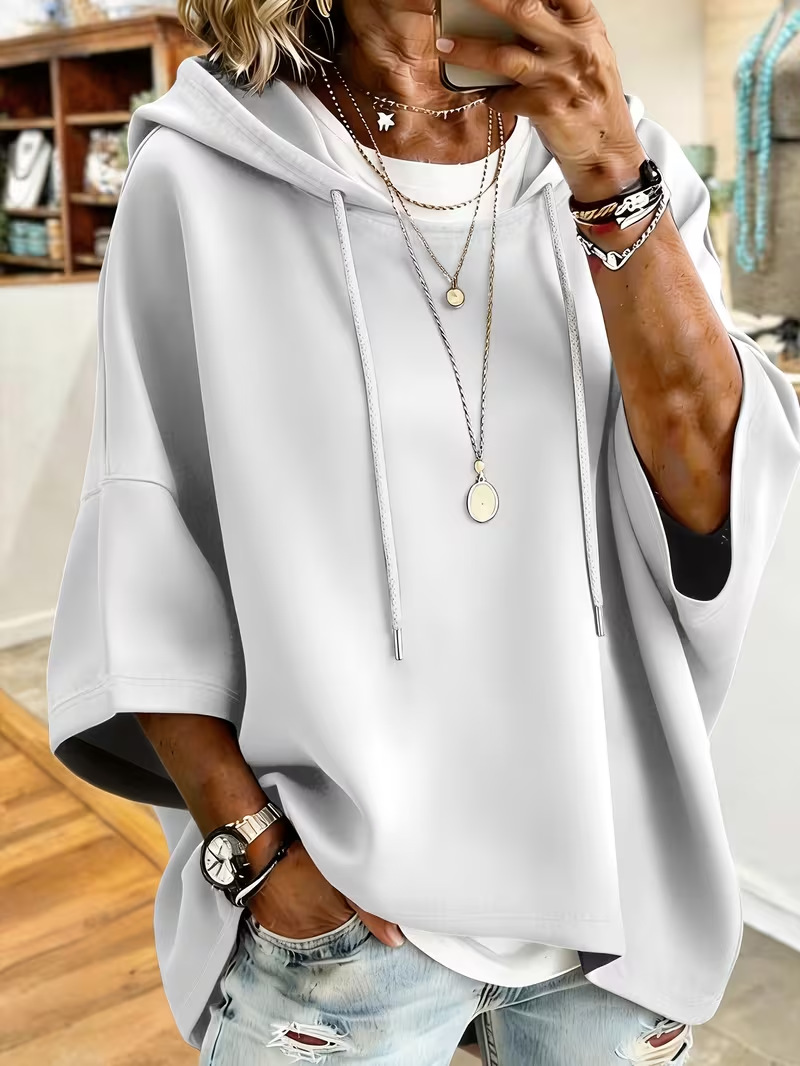 Women's Solid Print Oversized Hoodie with Large Neckline