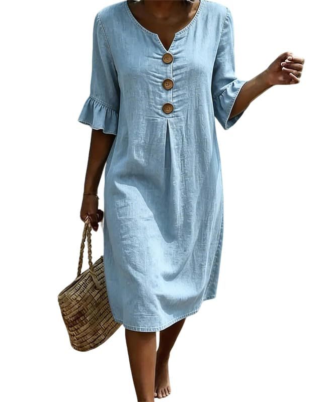 Women's Floral Print Three-Button Midi Dress