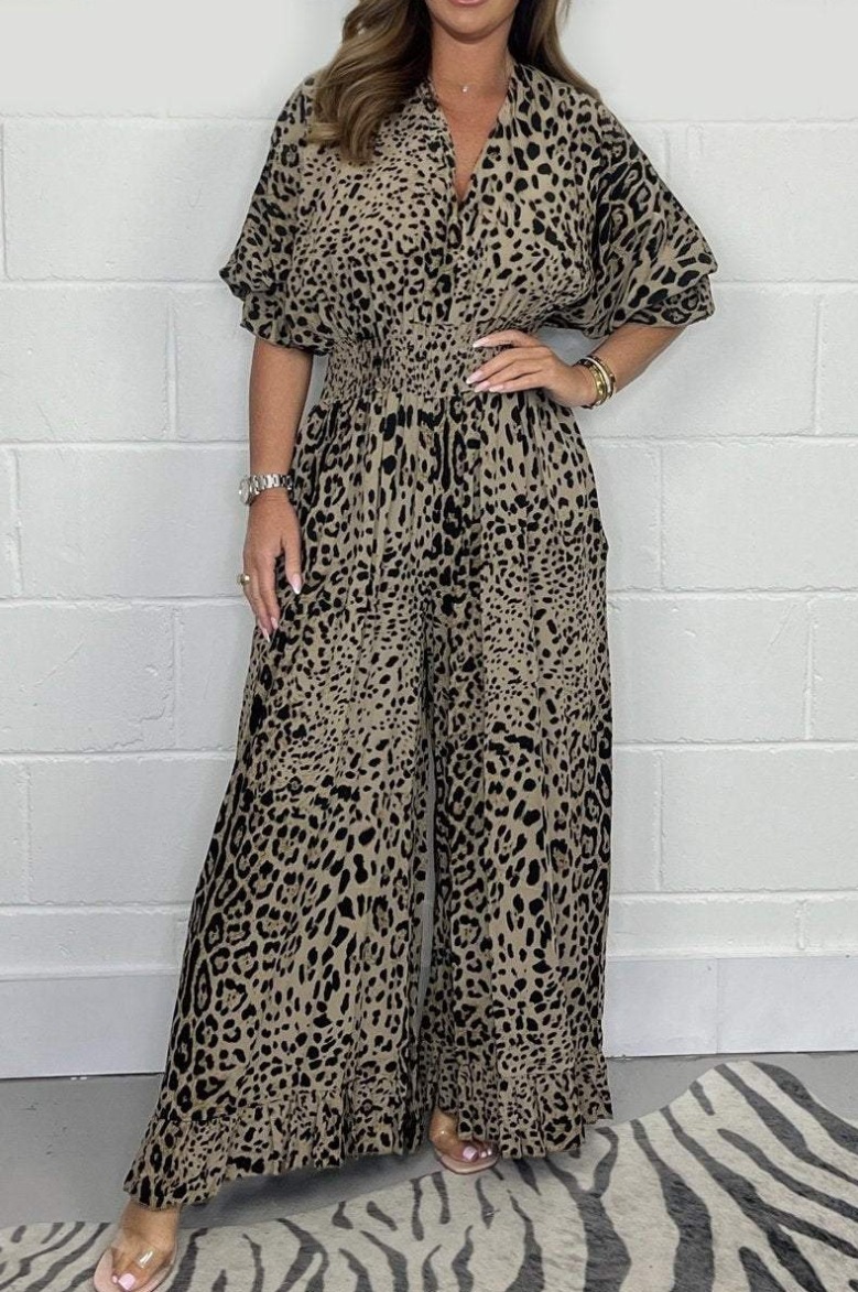 Leopard Print Wide-Leg Jumpsuit Casual Half-Sleeve