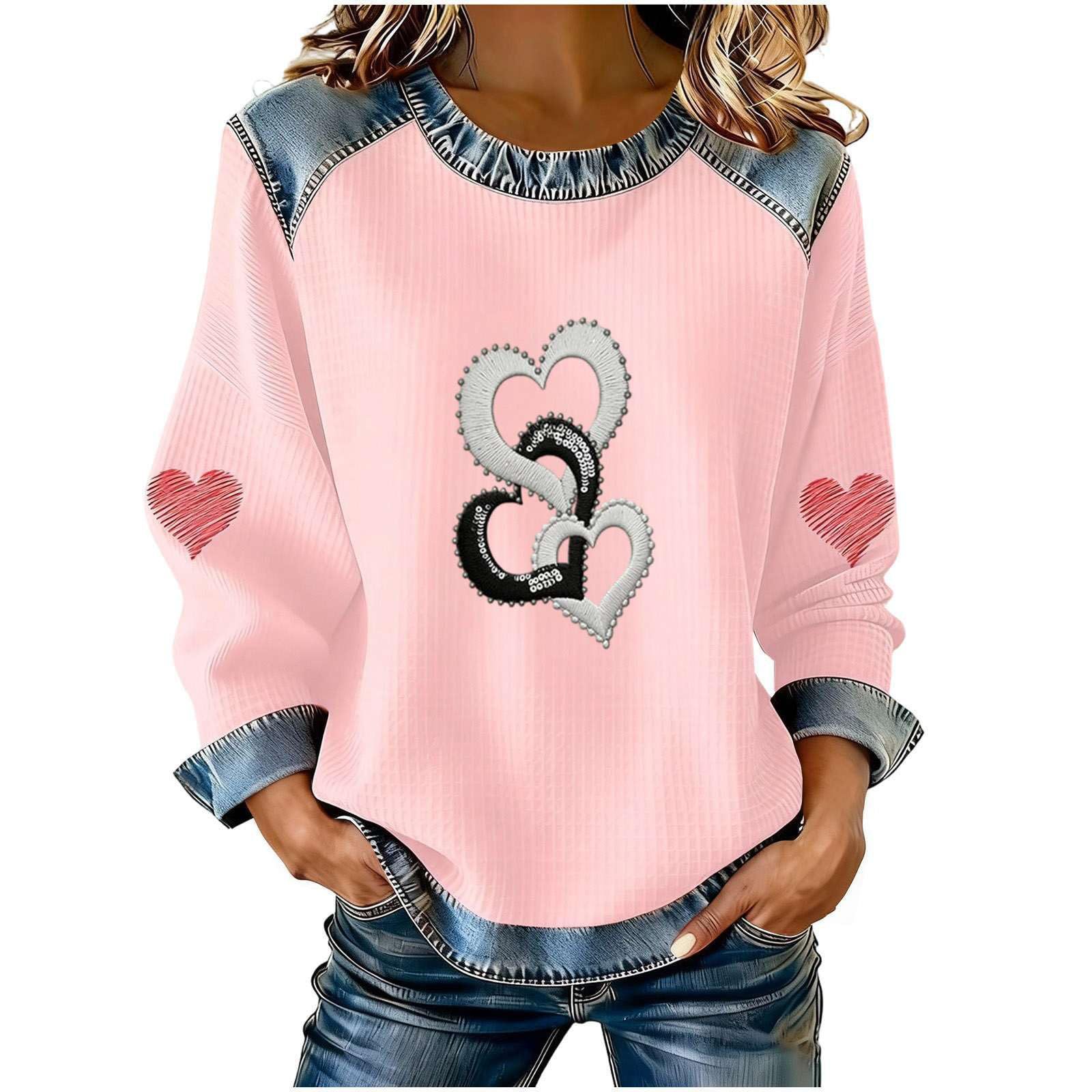 Women's Heart Print Crewneck Sweatshirt