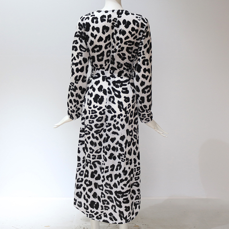 Women's Sexy V-Neck Leopard Print Long Sleeve Chiffon Dress
