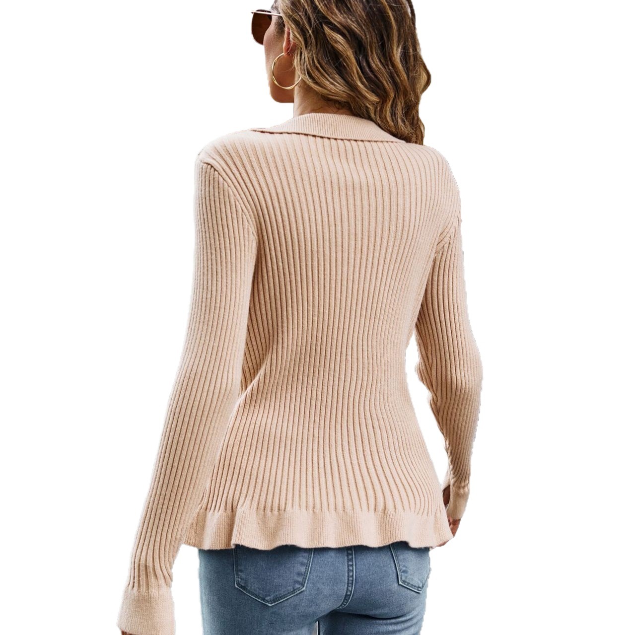 Women's Pullover Knit Sweater with Ruffled Collar and Solid Color Slim Fit