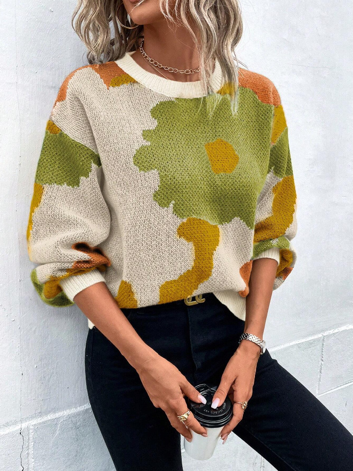 Women's Floral Jacquard Crewneck Long Sleeve Knit Sweater