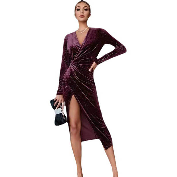 Sexy High-Slit Long-Sleeve Midi Dress Gold Velvet V-Neck Bodycon Party Dress