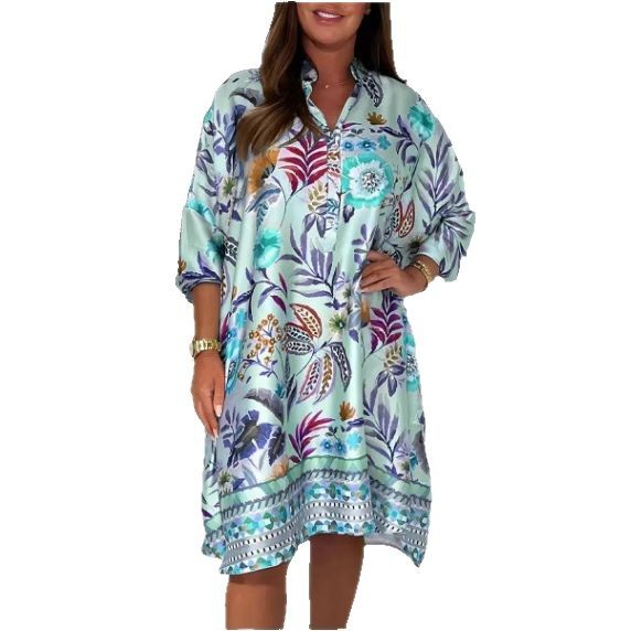 Women's V-Neck Floral Print Midi A-Line Dress with Puff Sleeves
