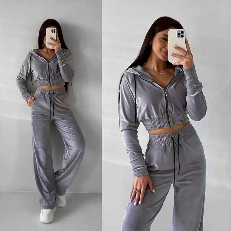 Women's Casual Solid Color Long Sleeve Zip Hoodie and Drawstring Pants Two-Piece Set