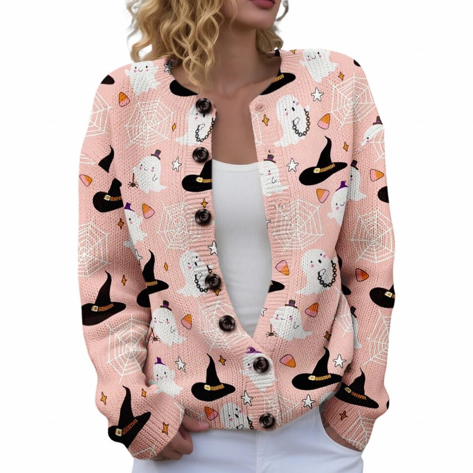 Women's Halloween Ghost Pumpkin Print Button Cardigan Sweater