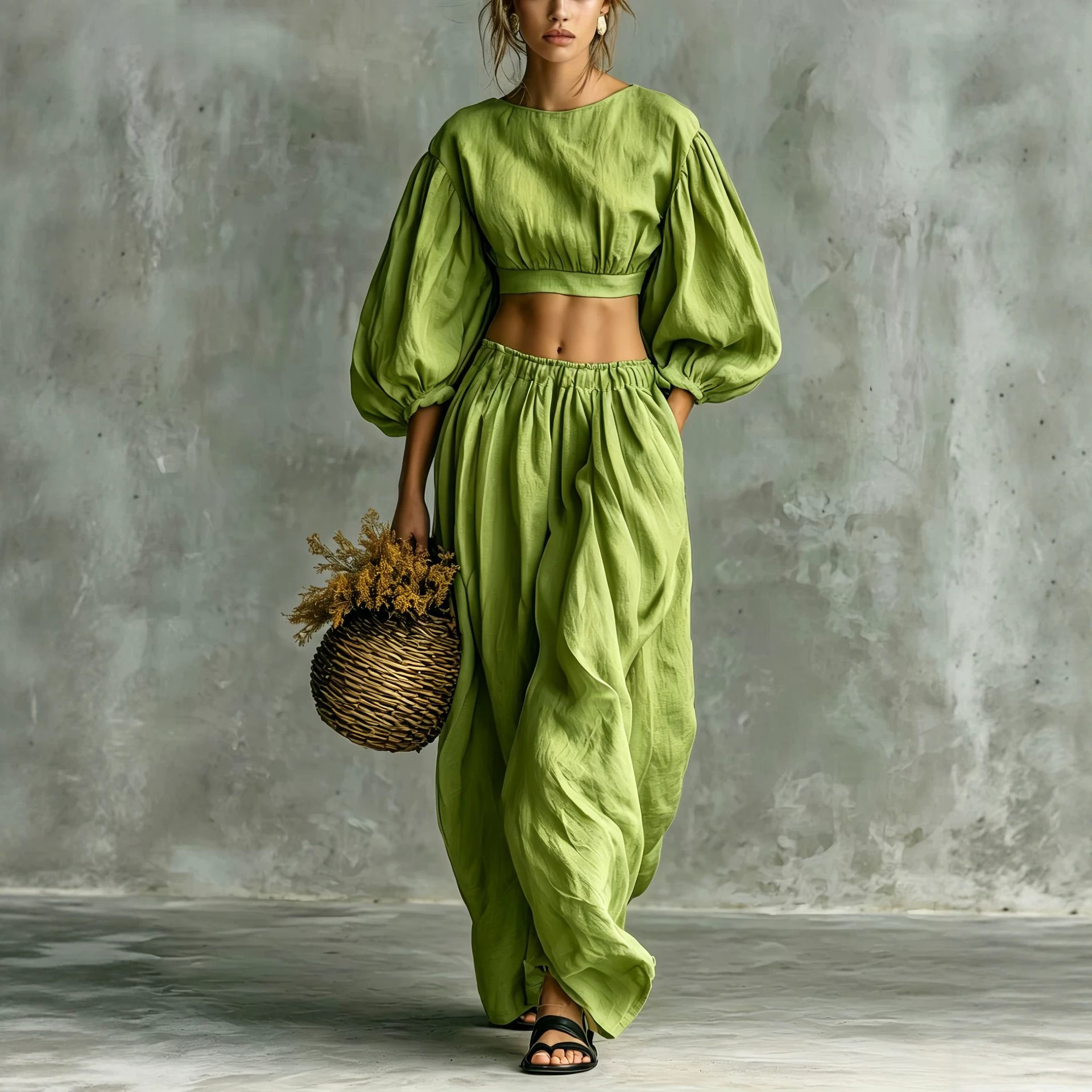 Women's Crewneck Puff Sleeve Pocket Pants Casual Set