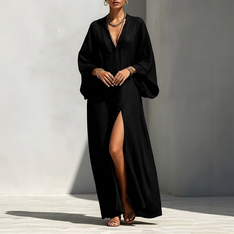 Women's Summer Batwing Sleeve Dress V-Neck High Waist Slit Long Dress