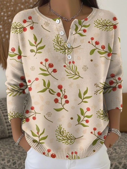 Women's Christmas Tree Snowman Scarf Print Button Sweatshirt