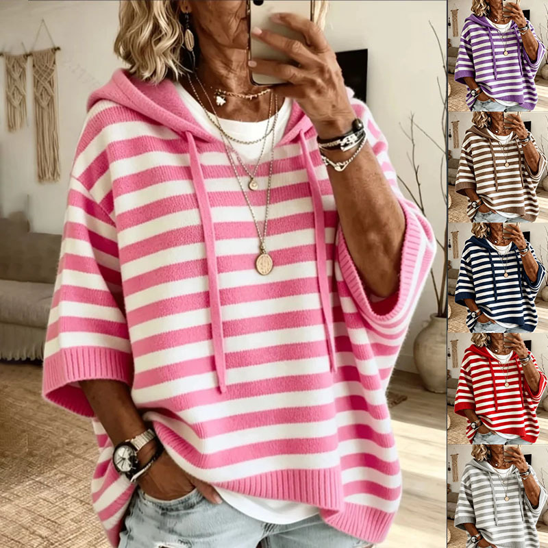 Striped Knit Hooded Sweater with Drawstring Loose Fit