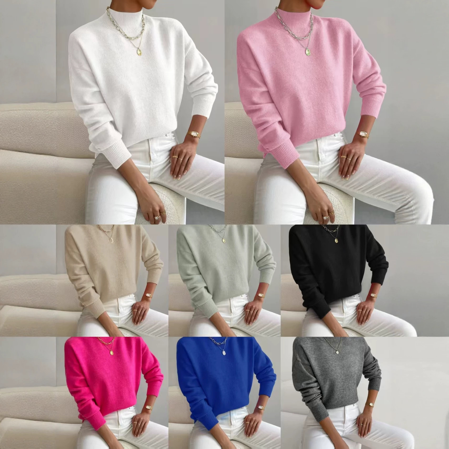 Women's Half Turtleneck Long Sleeve Pullover Sweater Solid Color Loose Knit Top