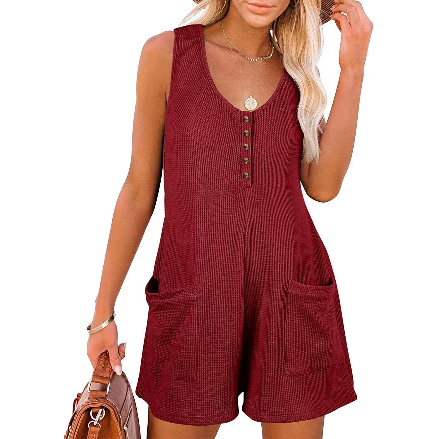 Women's Sleeveless Button Pocket Romper Casual Jumpsuit