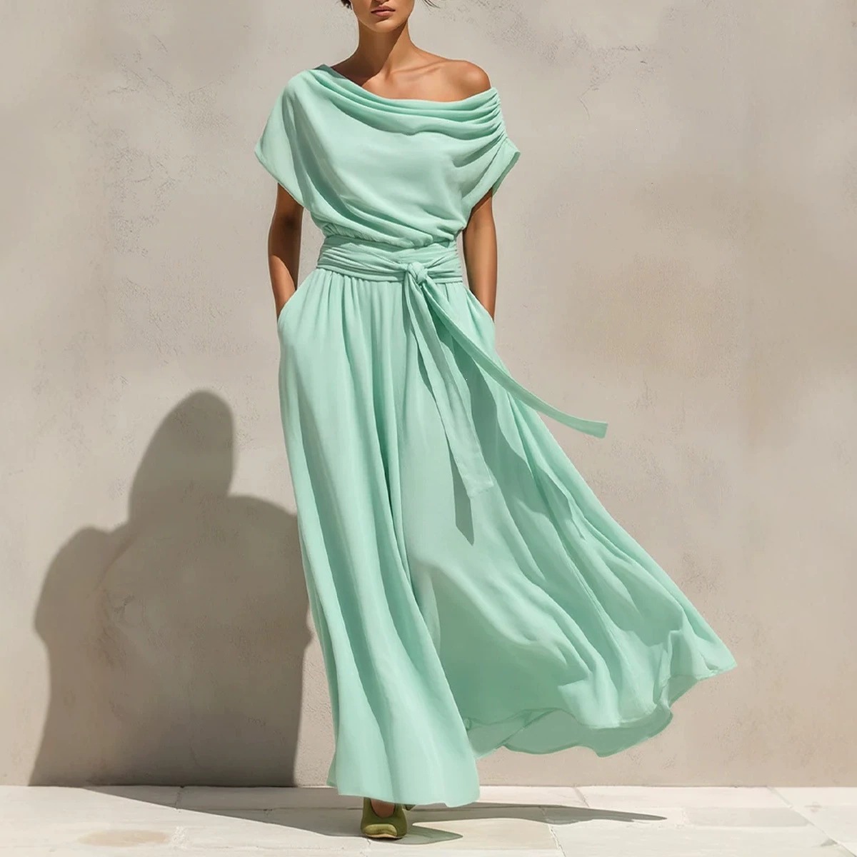 Boat Neck Short Sleeve Bohemian Chiffon Waist-Cinching Slimming Dress