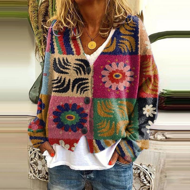 Printed Women's Cardigan Soft Knit Sweater Casual Poncho Coat