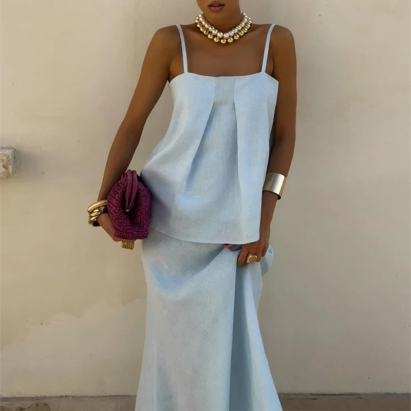 Women's Casual Loose Solid Color Cami Dress Two-Piece Set