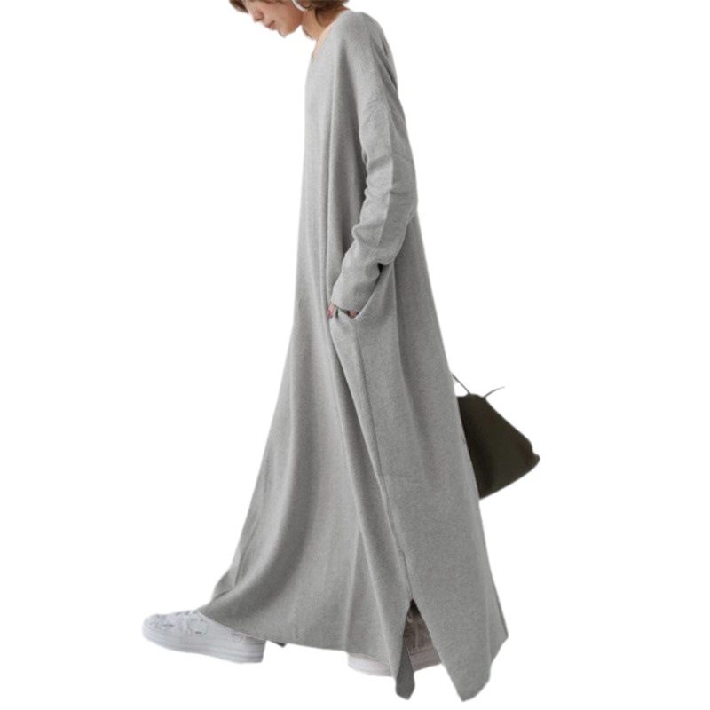Minimalist Urban Casual Knit Long Sleeve V-Neck Maxi Dress Plus Size