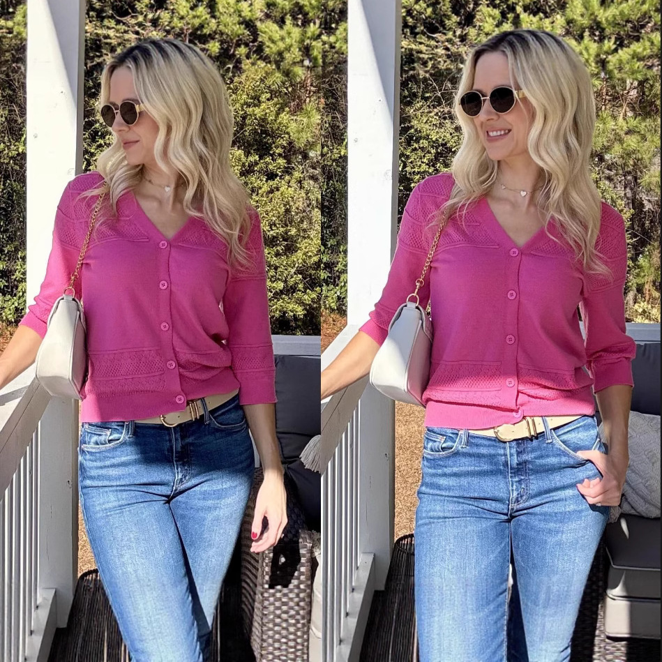 Women's Lightweight Openwork Knit V-Neck Cardigan with Three-Quarter Sleeves