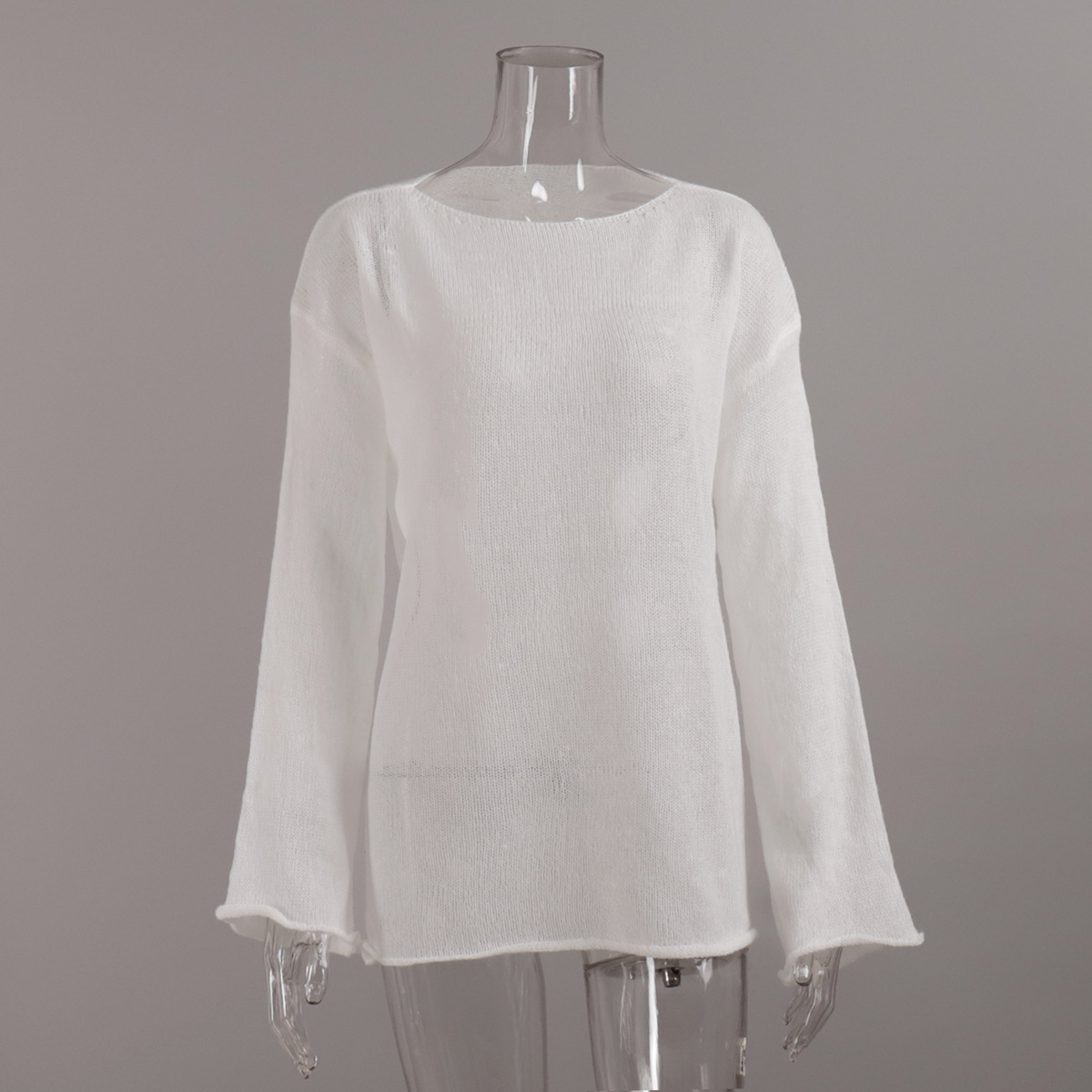 Openwork Knit Top Sheer Crewneck Flared Sleeve