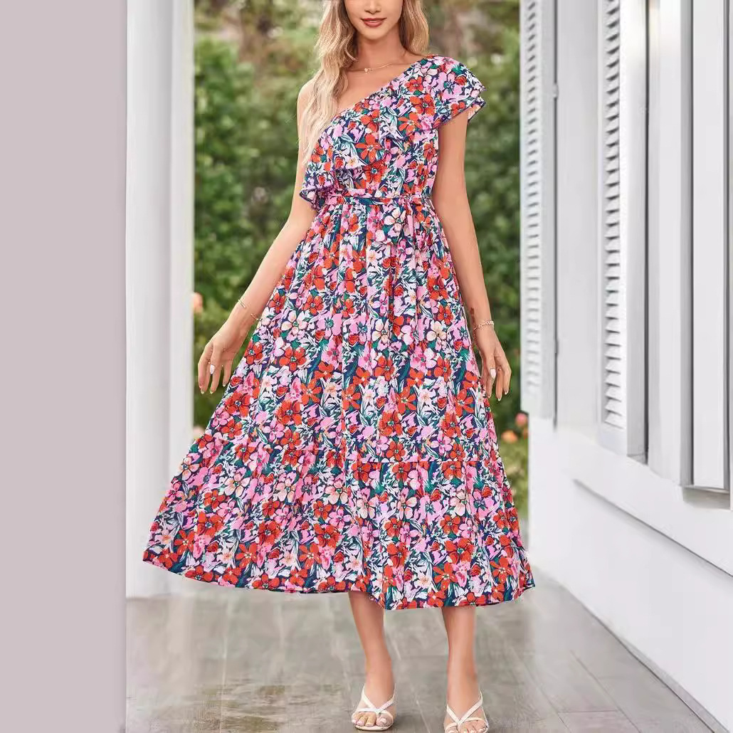 Women's One-Shoulder Floral Print Ruffle Midi Dress with Belt
