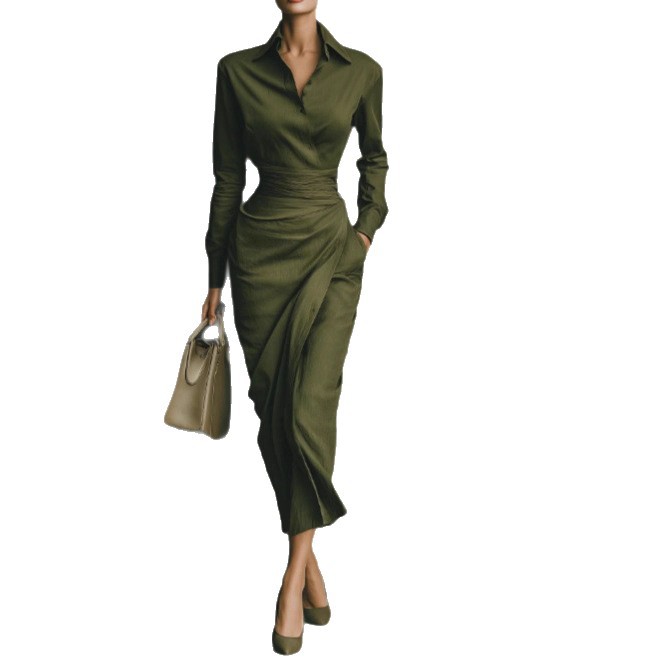 Women's Slim Fit Long Sleeve Midi Dress with Collar