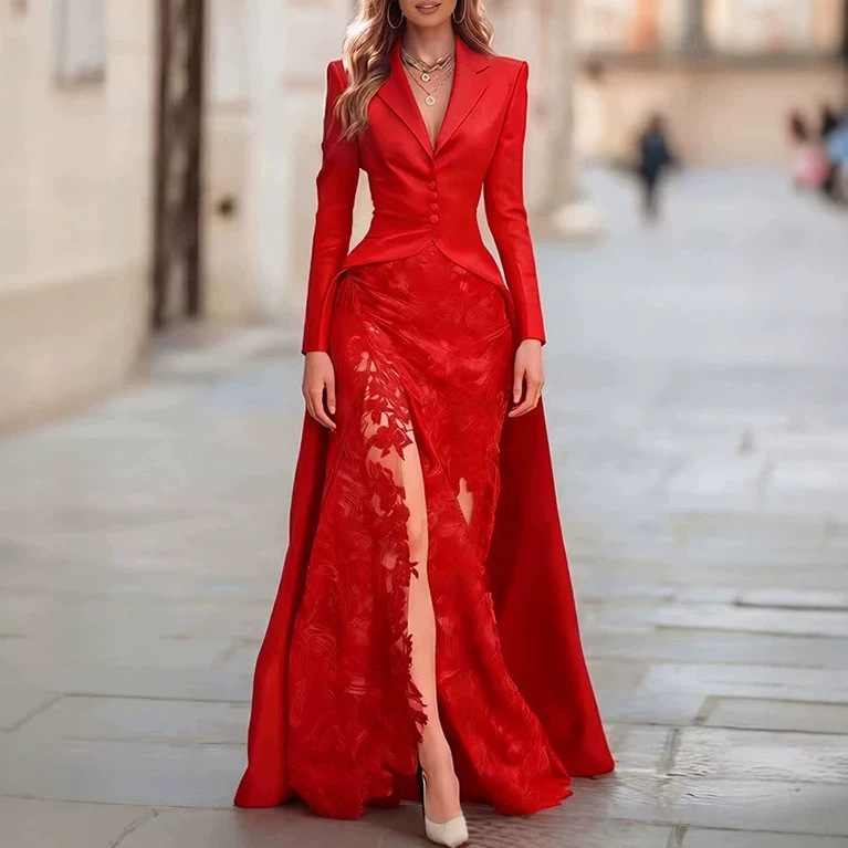Women's Long Sleeve Lace Blazer Collar Two-Piece Dress Set