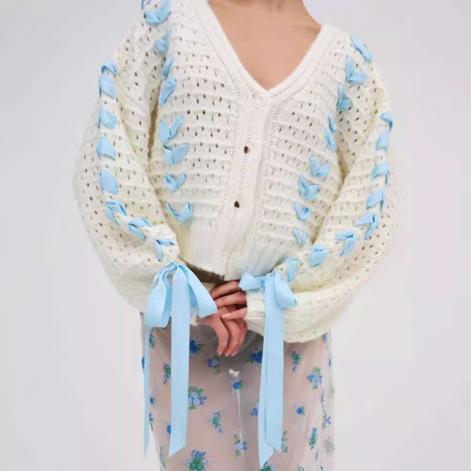 V-Neck Lace-Up Open Knit Cardigan Sweater Loose Casual Women's