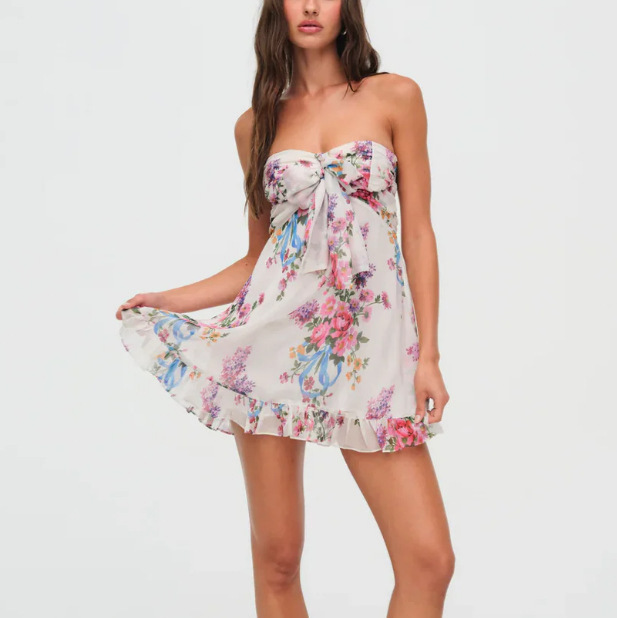 Sexy French Floral Print Sheer Strapless A-Line Dress