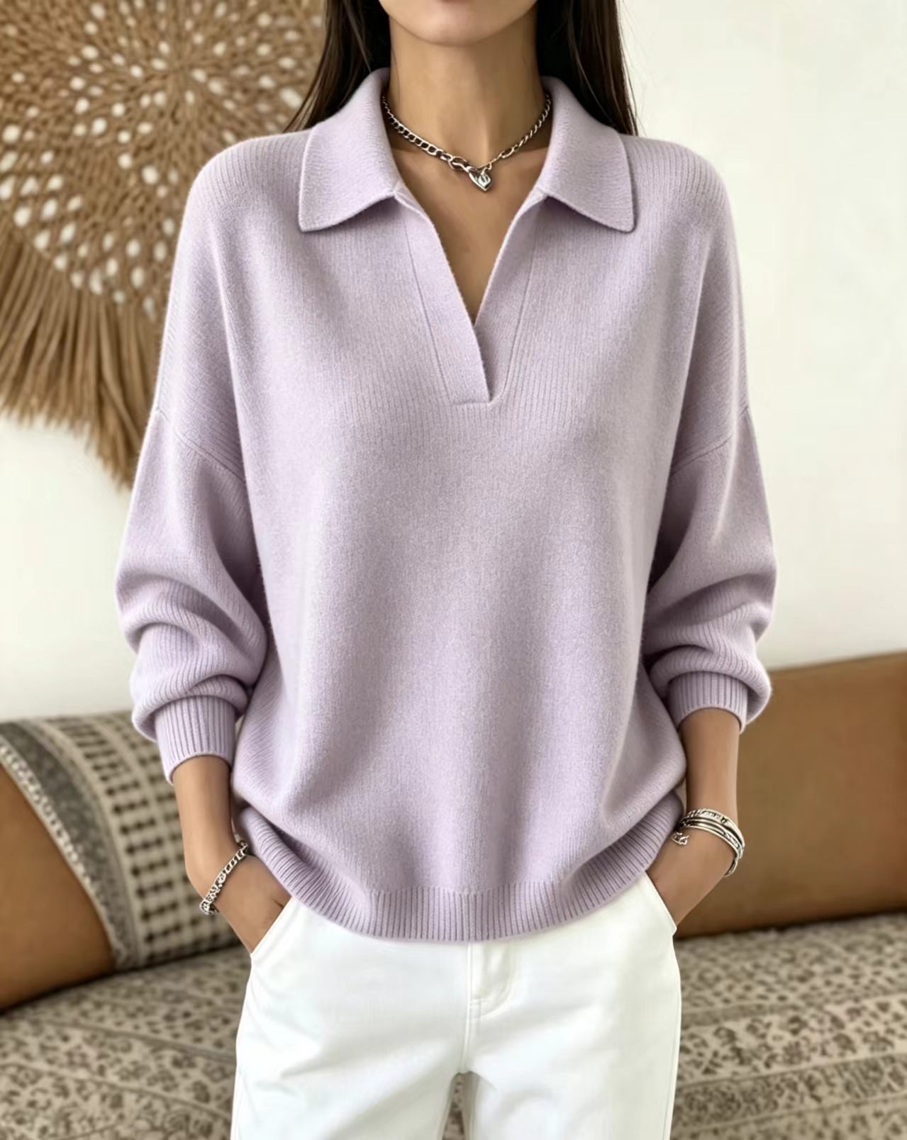 Polo Collar Knit Sweater Loose Fit V-Neck Pullover