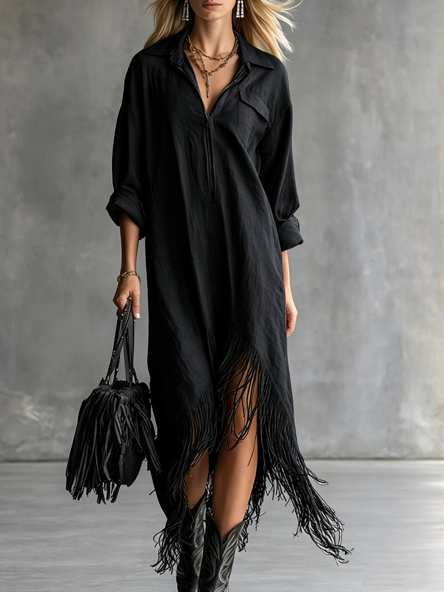 Bohemian Vintage Loose Irregular Hem Fringe Dress