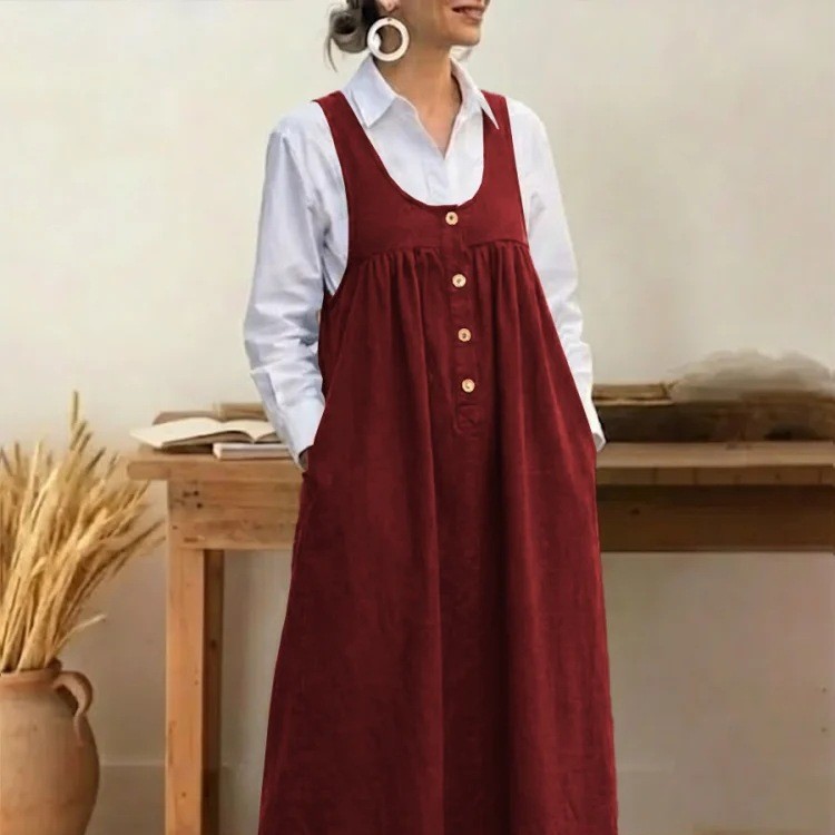 Solid Button Pinafore Dress Sleeveless Loose Casual