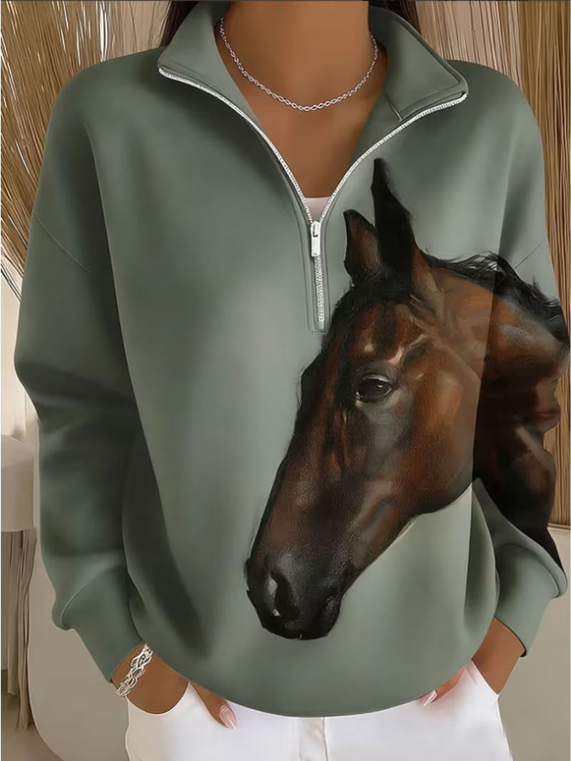 Horse Print Half-Zip Hoodie for Women