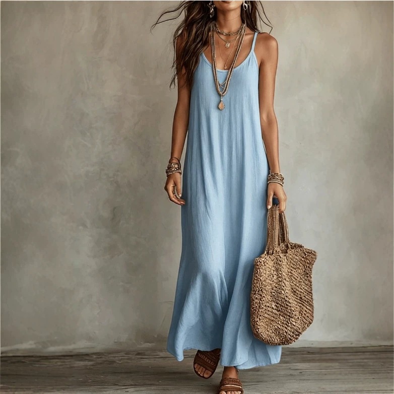 Boho Solid Color V-Neck Cami Dress Relaxed Fit