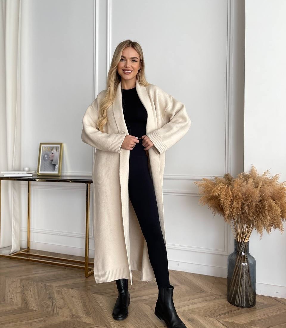 Women's Collarless Long Cardigan Sweater Coat Elegant Loose Fit
